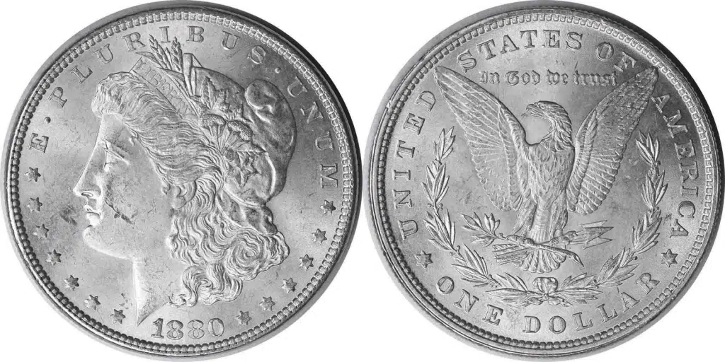 1880 Morgan silver dollar, obverse and reverse sides
